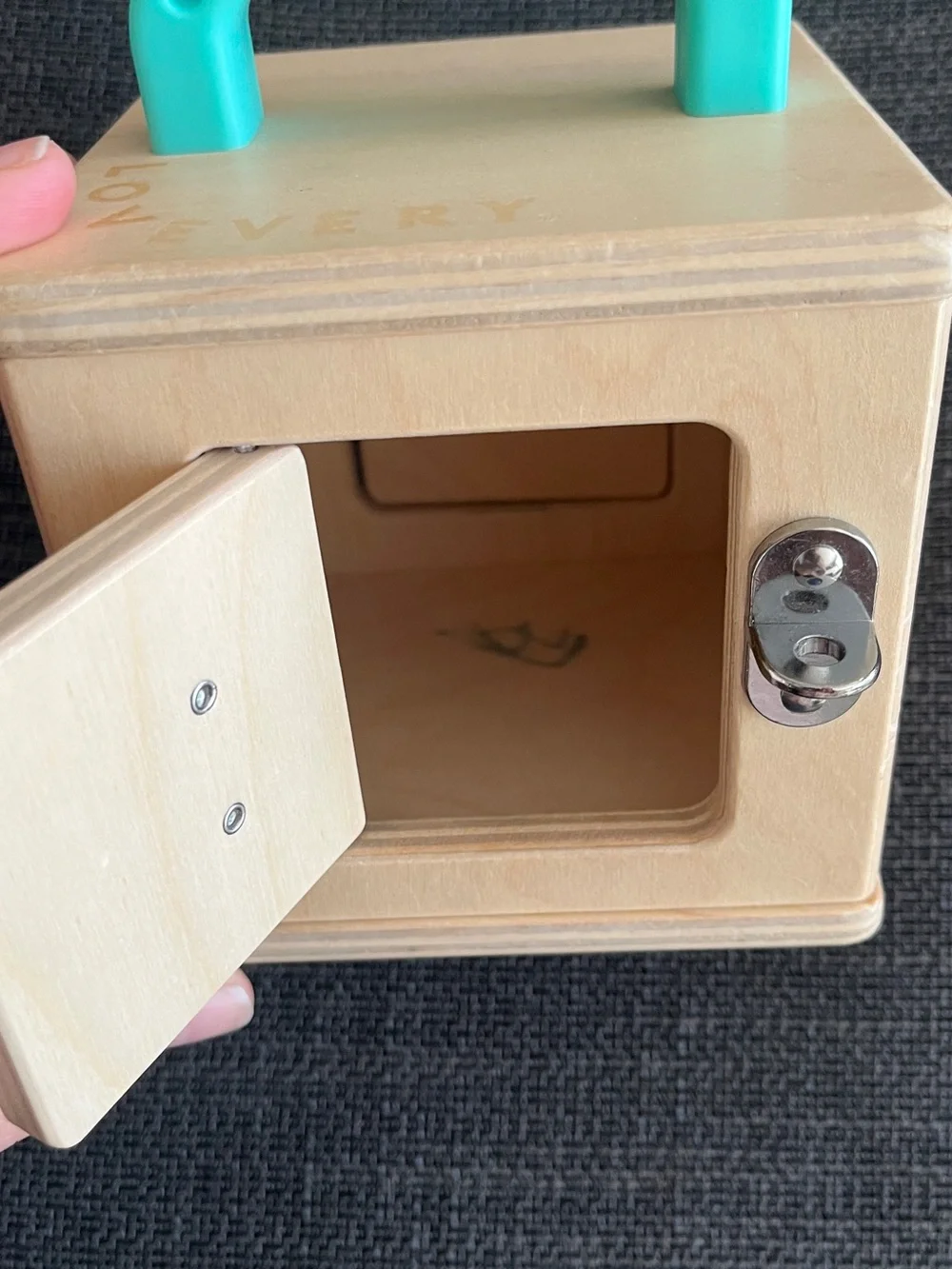 Lovevery Wooden Activity Lock Box with Teal Handle